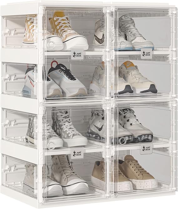 ANTBOX Foldable Shoe Rack,Shoe Organizers for Closet Plastic Shoe Storage Box Space Saving For Entryway, Large Sturdy Stackable Sneaker Cabinet Bins With Magnetic Clear Door 4 Tiers 8 Pairs