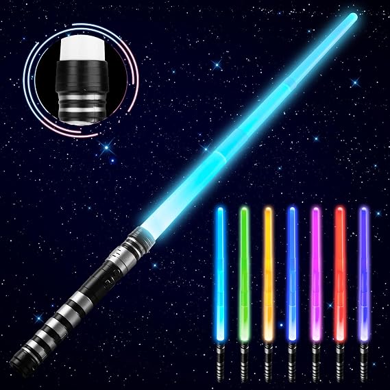 Light Up Saber for Kids with Electronic Lights & FX Sound, 7 Colors Changing LED Light Expandable Toy for Star Wars Roleplay Halloween Dress Up Parties (75cm-Silver)