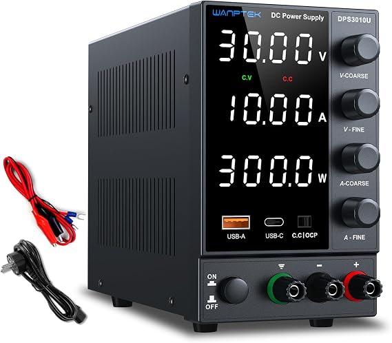 DC Power Supply Variable 0-30V 0-10A, Bench Power Supply Adjustable with OCP Protection/USB-A & Type-C Fast Charge and Encoder Corase & Fine Knob for Laboratory/Electronic Repair