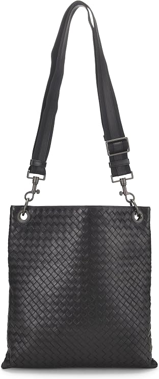 Pre-loved Black Intrecciato Leather Flat Messenger, Black