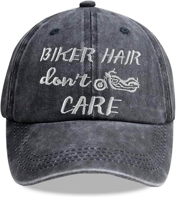 Biker Hair Dont Care Hat, Adjustable Washed Cotton Embroidered Motorcycle Baseball Cap Gifts for Women Girls