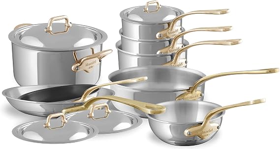 Mauviel M'Cook B 5-Ply Polished Stainless Steel 12-Piece Cookware Set With Brass Handles, Made In France