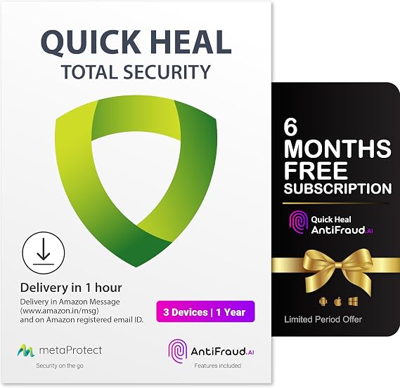 Quick Heal Total Security - 3 User's, 1 Years, AI Based Device Security for Windows PC, Dark Web Monitoring and Parental Control (Email Delivery in 1 Hour- No CD) + Get 6 month AntiFraud.