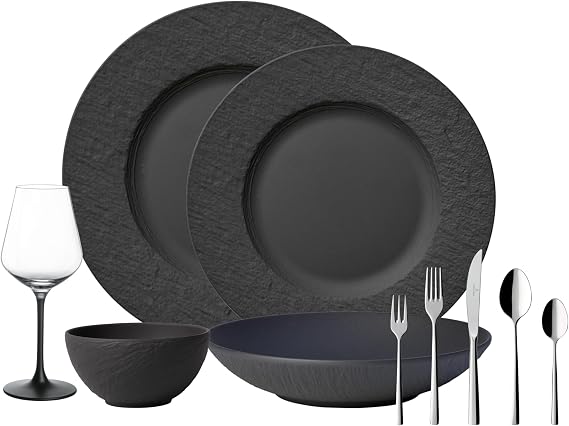 Villeroy & Boch Manufacture Rock 22 Piece Complete Dinnerware Set, Black | Matte black porcelain dinnerware with crystal glasses and flatware, dishwasher and microwave safe, sets a table for two