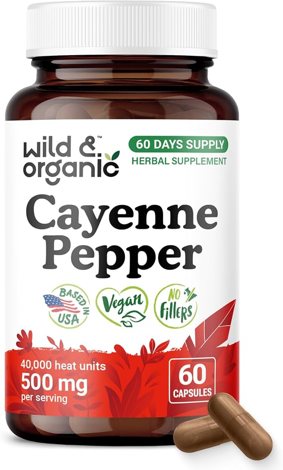 Wild & Organic Cayenne Pepper Capsules - Digestive Support - 60 Count | 500 mg Pure Cayenne Pepper Extract - Capsaicin Supplements - Vegan, No Fillers
