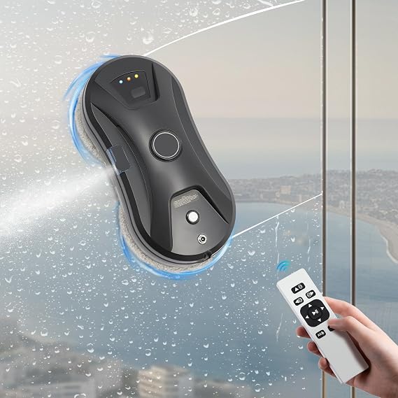 Window Cleaning Robot, Automatic Water Spray Window Washer Robot 2800Pa Strong Suction Smart Window Cleaner, Remote Control Window Washer Robot for Windows, Tiles, Glass Door (Black)