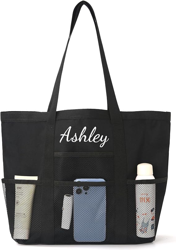 Personalized Beach Bag Embroidered Name,Custom Mesh Tote Bag for Women, Foldable Shoulder Bag for Swimming Pools Travel