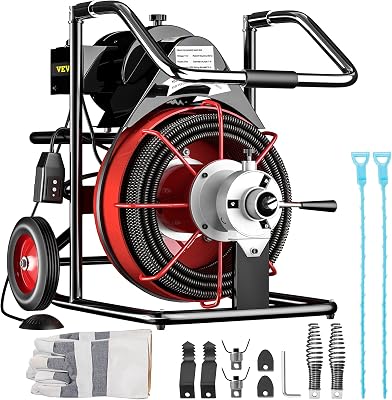 VEVOR 100 Ft x 38 Inch Cleaner 370W Open Drain Cleaning Machine for 1 to 4 inch Pipe, Red