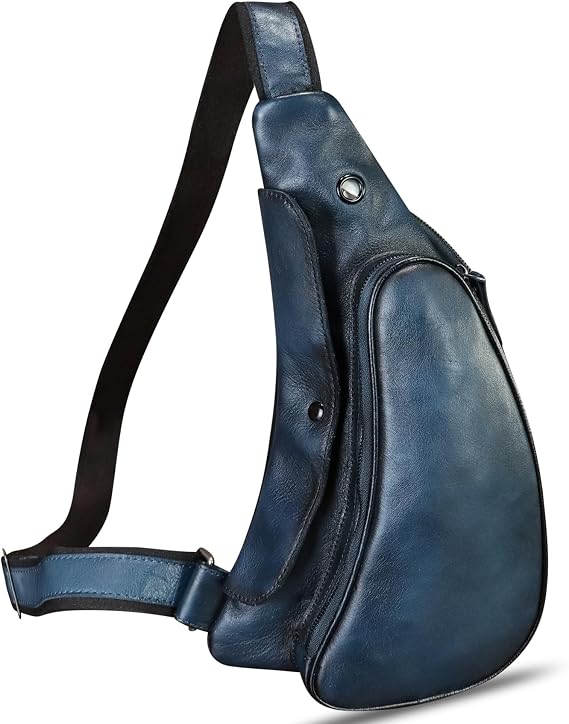 Genuine Leather Sling Bag Retro Crossbody Sling Backpack Handmade Chest Purse Daypack Cycling Fanny Pack Back Bag (Navy Blue)