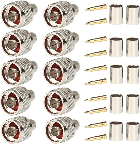 Pack of 10 N Male Plug Crimp Connector 50 ohm for LMR400 Belden 9913 RG8 Nickel Machined Brass Construction (10 Piece N Male for lmr400)