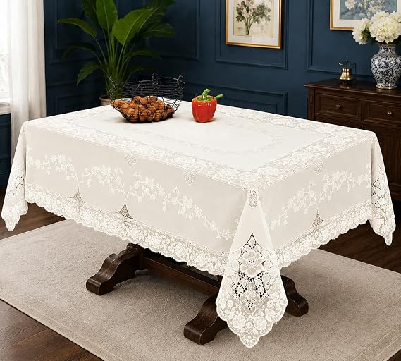 Violet Linen Vinyl Lace Betenburg Design Tablecloth Beige 60" by 104" Oblong/Rectangle