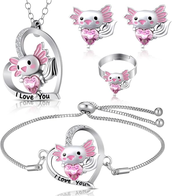 4 Pcs Girl Unicorn Axolotl Jewelry Set