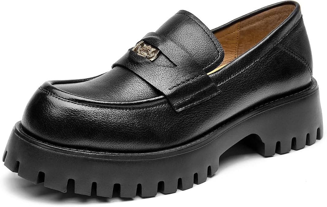 BEAU TODAY Chunky Loafers Women Platform Penny Leather Lug Shoes