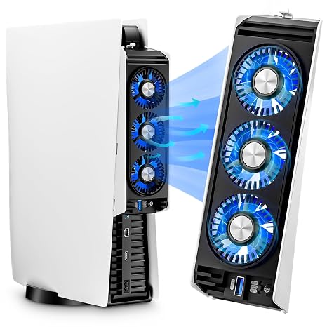 Honghao Cooling Fan for PS5 Accessories,with 3 Blue LED Light/ 2 USB 3.0 Ports / 2 Fan Speed,Compatible with PlayStation 5 Console Digital/CD Version, High Efficiency PS5 Cooler Station(Black)