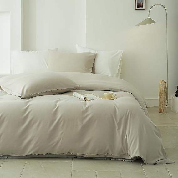QKTE 100% Washed Cotton Duvet Cover Set 3pcs Linen Feel Twin Duvet Cover Breathable Durable Comfy Twill Bedding (Beige,68" x 86")