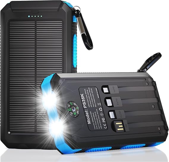Durecopow 20,000mAh Solar Charger Power Bank 4 Cables 3 Ports Yellow