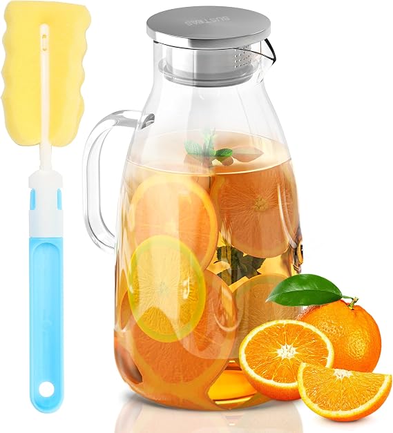 SUSTEAS 3 Liter 101 oz Glass Pitcher with Lid and Spout, Handmade Pitcher | Glass Carafe for Cold/Hot Water, Iced Tea Water Jar for Fridge, Large Water Jug for Juice, Coffee, Homemade Beverage, Vase