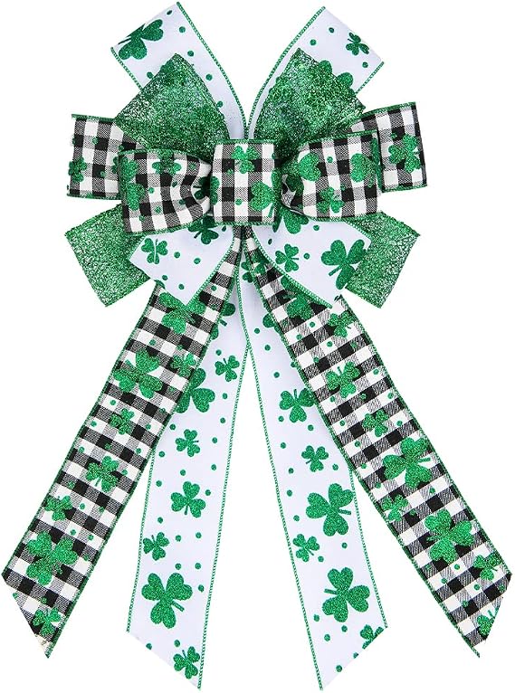Large St. Patrick's Day Bows for Wreath, Black White Buffalo Plaid Glitter Shamrock Wreath Bow for Front Door Indoor Outdoor Wall Decoration St. Patrick's Supplies Ornament