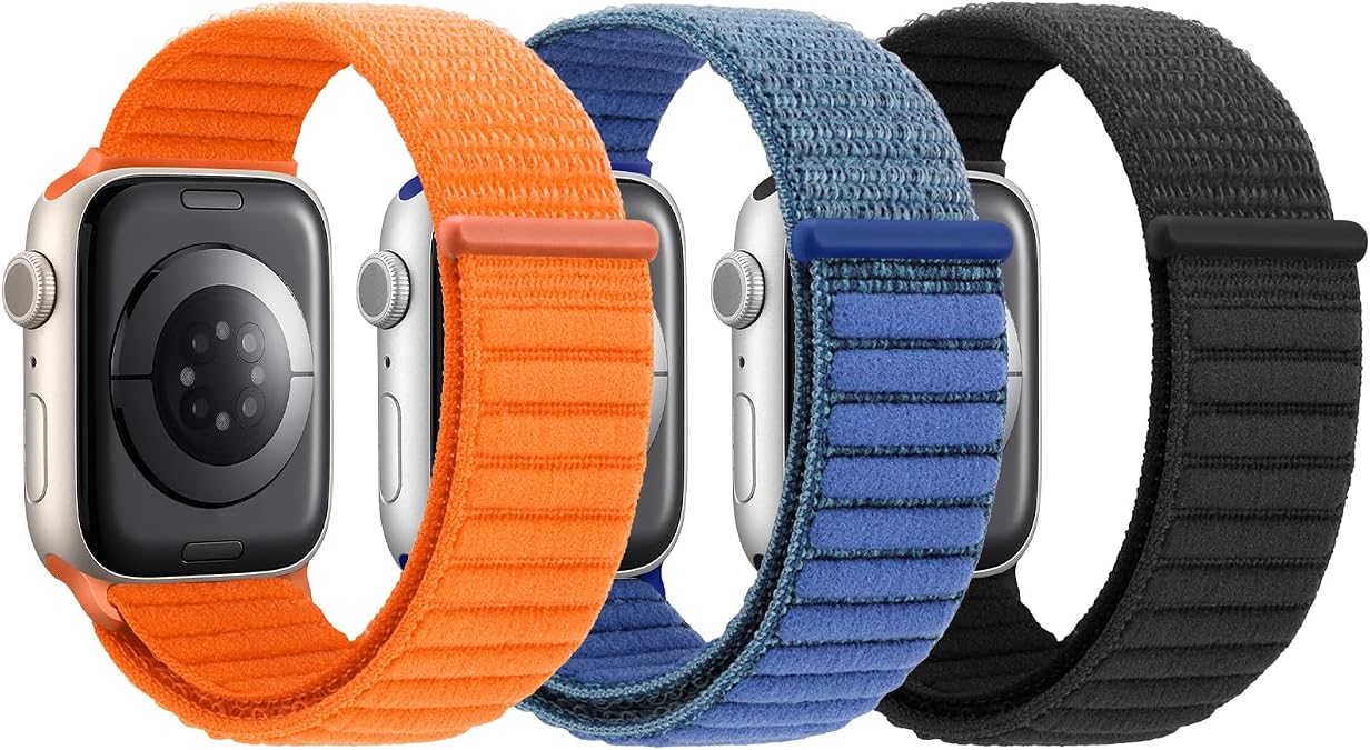 Nylon Loop Band Compatible with Kids Apple Watch Band, Boys Girls Soft Nylon Hook&Loop Strap for iWatch Series 9 8 7 6 5 4 3 2 1 SE (42/44/45mm, Orange+Sea Blue+Black)