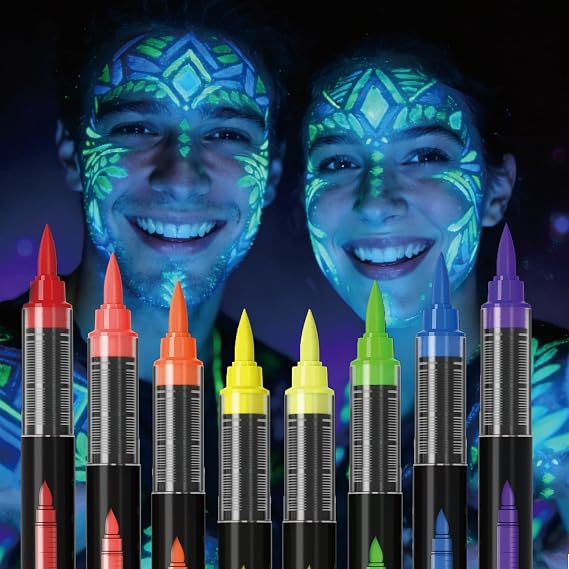 Glow in The Black Light Face Paint Kit, 8PCS UV Neon Face and Body Paint Markers, Washable Tattoo Markers for Skin, Festival Essentials, Halloween Makeup Kit (1)