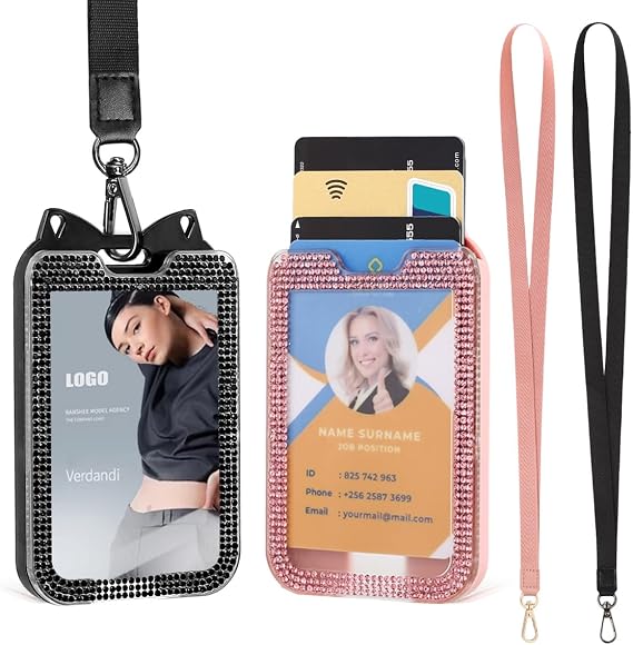 COOKOOKY 2 Pack Bling Rhinestone ID Badge Holder and Lanyard
