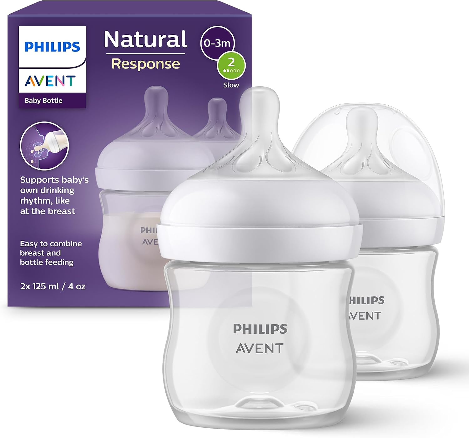 Philips Avent Biberón Natural Response: 2 biberones para bebés recién nacidos de 125 ml, sin BPA, a partir de 0 meses modelo SCY90002