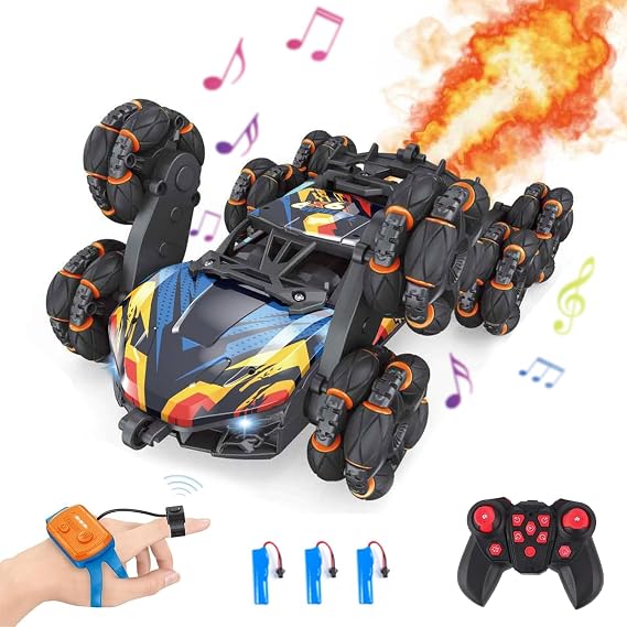 Remote Control Car, Gesture Sensing RC Stunt Car, 8WD Transform Cars Climbing Toys with Spary and Light, 360 Rotating, 2.4GHz 8 Wheels RC Cars with 3 Batteries (Orange)