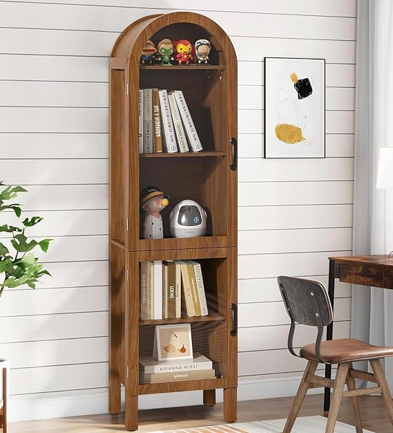 Lxsxlome Arched Bookcase, 64.17'' Tall Arch Bookshelf with Acrylic Glass Doors, 5 Shelf Bookcase, Freestanding Storage Organizer Display Cabinet for Living Room (Walnut, 64.17''H)