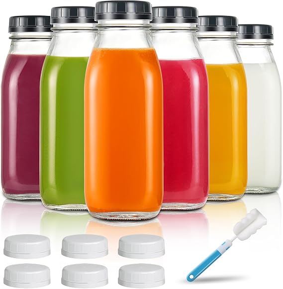 YEBODA 16oz Glass Milk Bottles with Plastic Tamper Resistant Caps 6 Pack Milk Jars with Lids Glass Bottles for Milk, Butter Milk, Honey, Tomato Sauce, Jams, Syrup, BBQ, Picnic, Dishwasher Safe