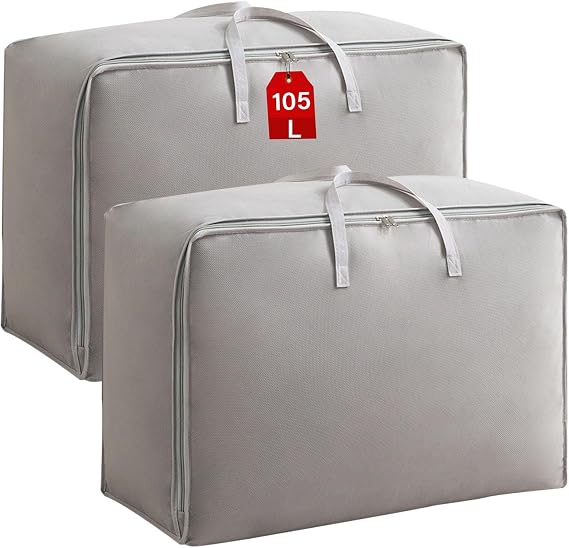 Clothes Storage Bag Large 2Pcs, Duvet Storage Bags King Size With Zips Foldable Thicken Nonwoven Fabric Moving Packing Totes Bag for Comforters Quilt Blankets Bedding Cushion Travel (Grey)