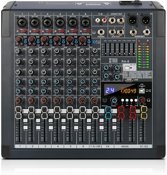 XTUGA Professional 8 Channel DJ Mixer,Bluetooth Audio Mixer Interface(RA8)