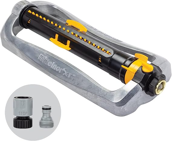Melnor Metal Oscillating Sprinkler 4500 Sq Ft: Flow, Width, Range Adjust