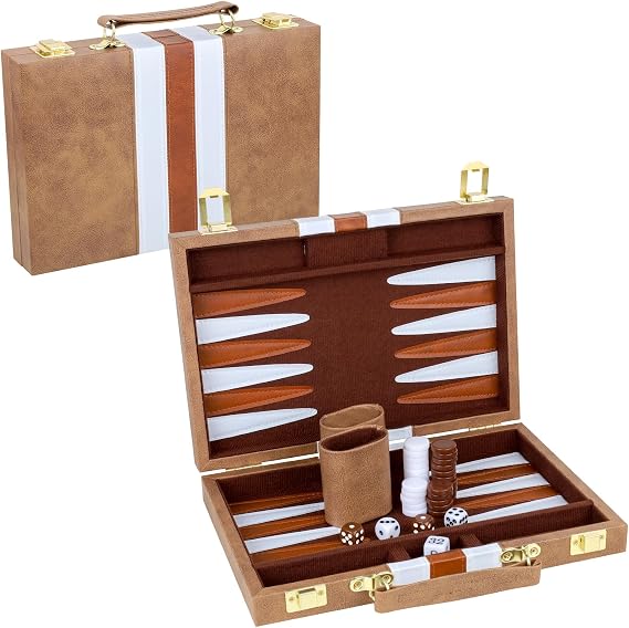 Backgammon Set 2 Players Classic Backgammon Sets for Adults Board Game with Premium PU Leather Case Portable and Travel Backgammon Set (Retro Brown, 11inch)