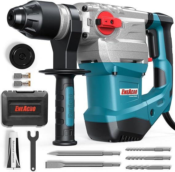 ENEACRO 1-1/4 Inch SDS-Plus 13 Amp Heavy Duty Rotary Hammer Drill | Safety Clutch, 4 Functions, Vibration Control, Includes Grease, Chisels & Drill Bits, With Case