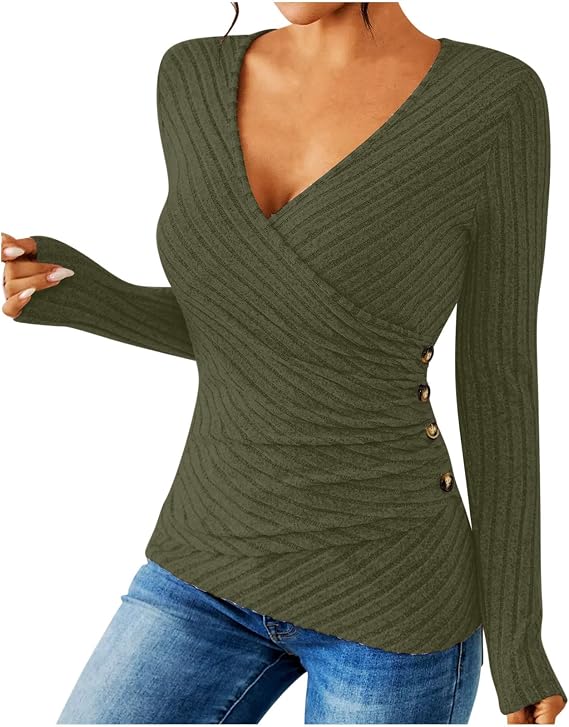 Womens Sexy Wrap Cleavage Tops Tight Long Sleeve Ribbed Shirts Fashion Button Side Deep V Neck Tunic Fitted Blouses
