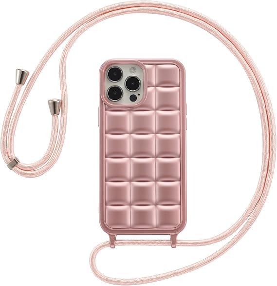 ZCDAYE 斜めがけケース iPhone 13 Pro Max用 ストラップ付き かわいい 3D格子柄 調節可能なネックショルダーストラップ ナイロンロープ ソフトTPU 耐衝撃携帯電話ケース iPhone 13 Pro Max6.7インチ用 ピンク