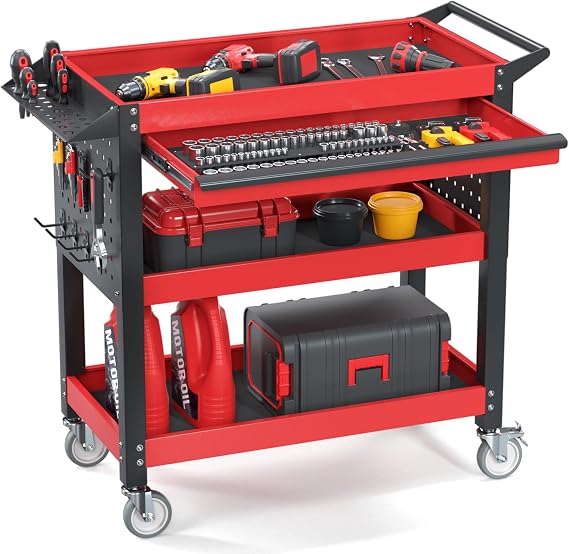 3-Tier Heavy Duty Metal Rolling Tool Cart with Drawers, Red Black