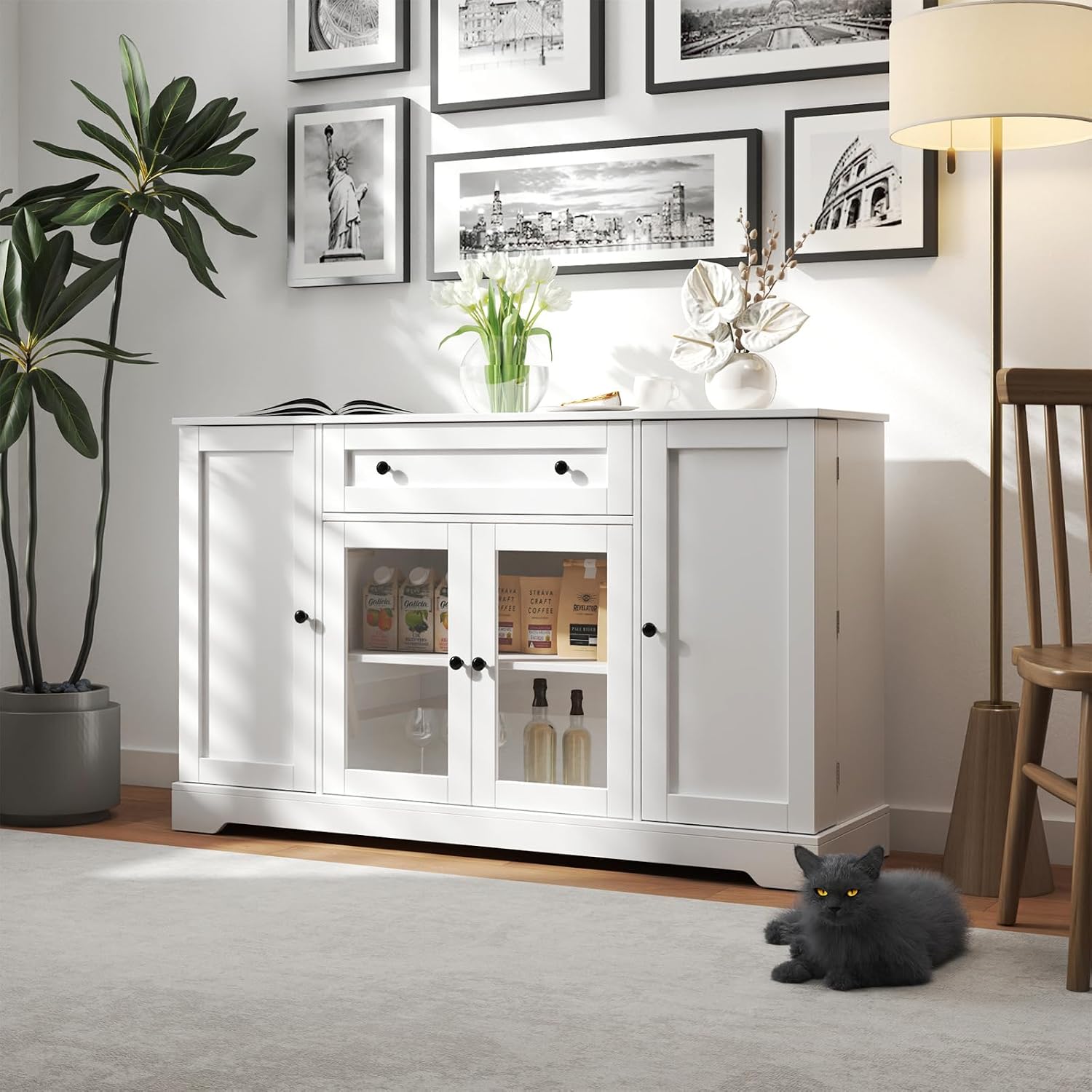 JOYSOURCE Kitchen Sideboard Buffet Cabinet with Storage 54 x 33 x 16 White Farmhouse Console with Drawers Modern Accent Buffet Cabinet with Glass Doors for Dining Room, Living Room