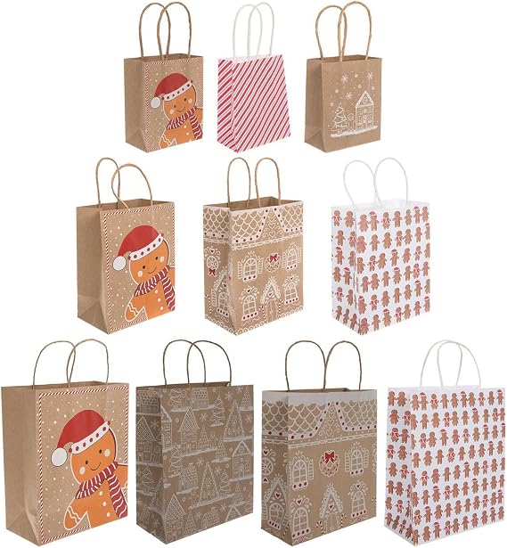 Hobby Lobby Holiday Kraft Paper Gift Bags, Christmas Gingerbread Design, 10 Pack in 3 Sizes, Brown with Red and White Patterns
