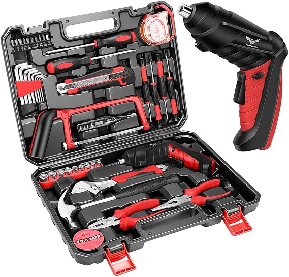 Household Tool Set with 3.6V USB Electric Screwdriver, 43 PCS Home Tool Kit with Cordless Lithium-ion Drill Driver