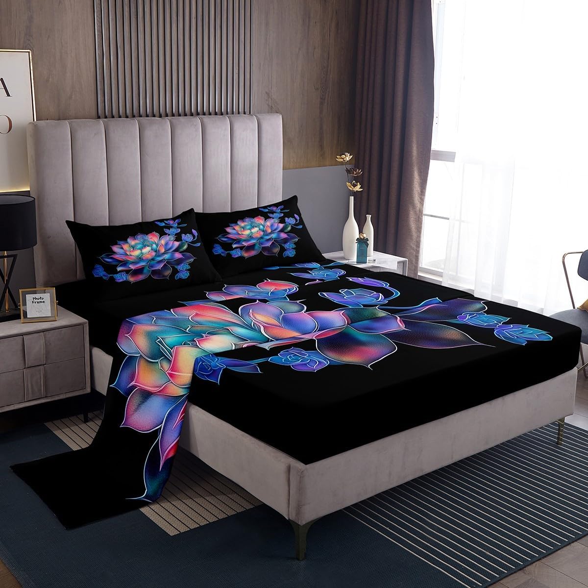 Erosebridal Purplr Lotus Bed Sheets Set Exotic Decor Sheetsboho Hippie Style Sheet Set Twin Watercolor Flowers Trippy Top Sheet,Black