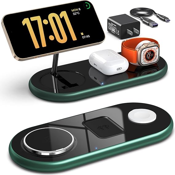 3 in 1 Charging Station for Apple Devices, Faster Mag-Safe Charger Stand, Magnetic Wireless Charger Station for iPhone 17 16 15 14 13 12 Pro Max Plus, Apple Watch iwacth & AirPods, (Alpine Green)
