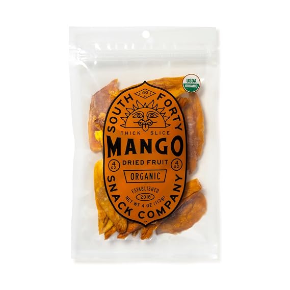 South 40 Snacks Organic Dried Mango Slices, 4 oz Bags, Pack of 4 | Just 1 ingredient, organic; no added sugar dried mango slices in resealable snack bags