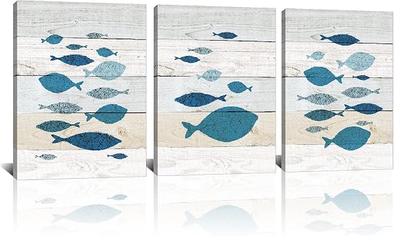 Derkymo 3 Pieces Abstract Tropical Fish Canvas Wall Art Marine Life Pictures Animal Artwork for Kitchen Bathroom Decoration Framed Ready to Hang