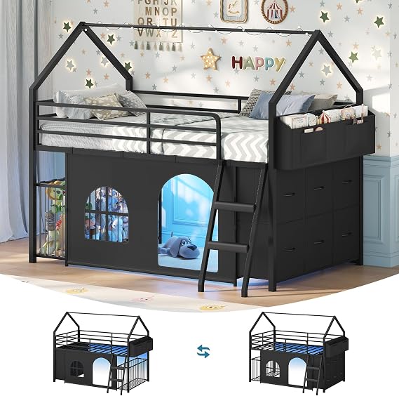 Low Loft Bed T Size with 6 Storage Drawers,Stuffed Animal Storage,LED Light