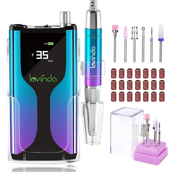 Professional Rechargeable Nail Drill Machine, Lavinda Cordless 35,000RPM Skyspace Brushless Nail Drill, Portable Electrical Nail File for Acrylic Nails with Protective Case, Gradient Blue & Purple