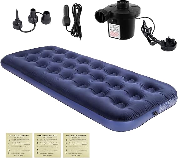 Single Air Bed, Quick Inflatable Flocked Air Mattress - Lightweight Inflatable Mattress with AC Electric Air Pump, Thickened Comfortable Blow Up Mattress for Camping, Caravan, Guest Bed