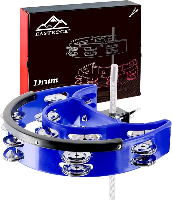 EASTROCK Drum Set Blue Tambourine with Mounting Eye Bolt Double Row Frame | Double Rows of Jingles Percussion Instrument Accessories for Hi Hat Stands Cymbal Boom Stands Etc