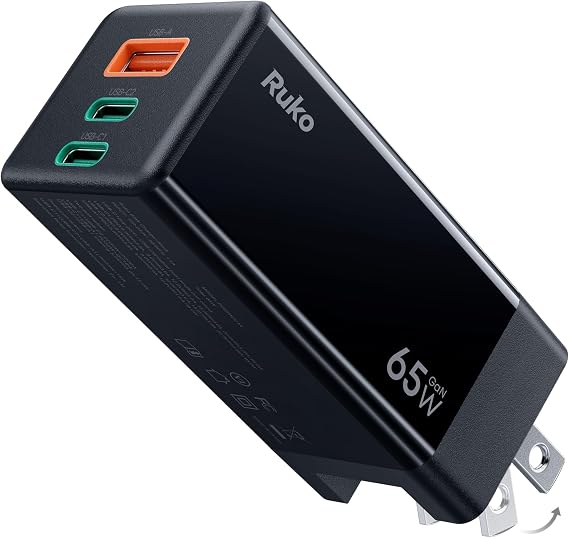 Ruko 65W USB C Charger, 3-Port GaN Fast Charger Block