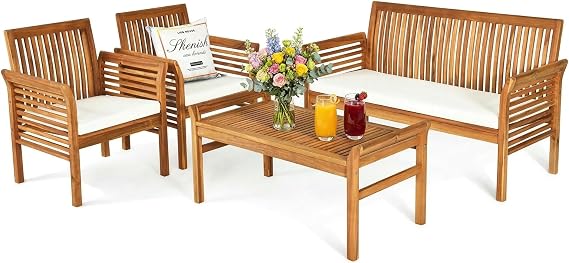 Tangkula Outdoor Acacia Wood Sofa Set w/Water Resistant Cushions, Padded Patio Conversation Table Chair Set w/Coffee Table for Garden, Backyard, Poolside
